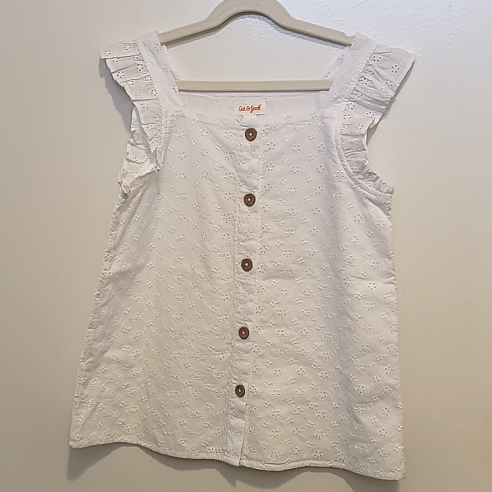 Girls' Cat & Jack Ruffle Button-Front Short Sleeve White L 10-12